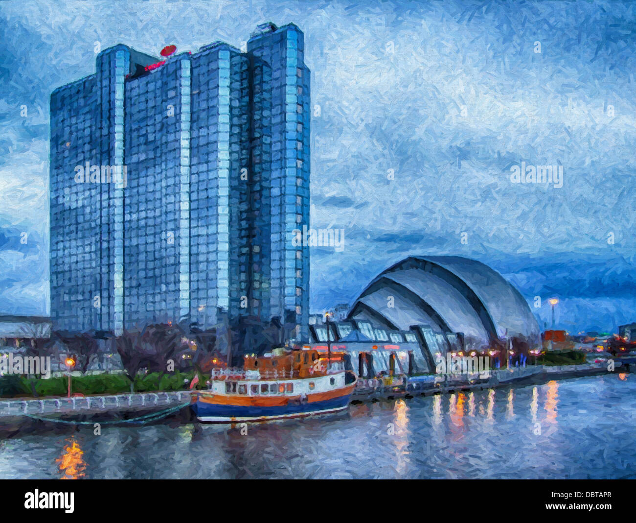 A digital painting of the Crown Point hotel at the glasgow exhibition and conference centre on the clydeside. Stock Photo