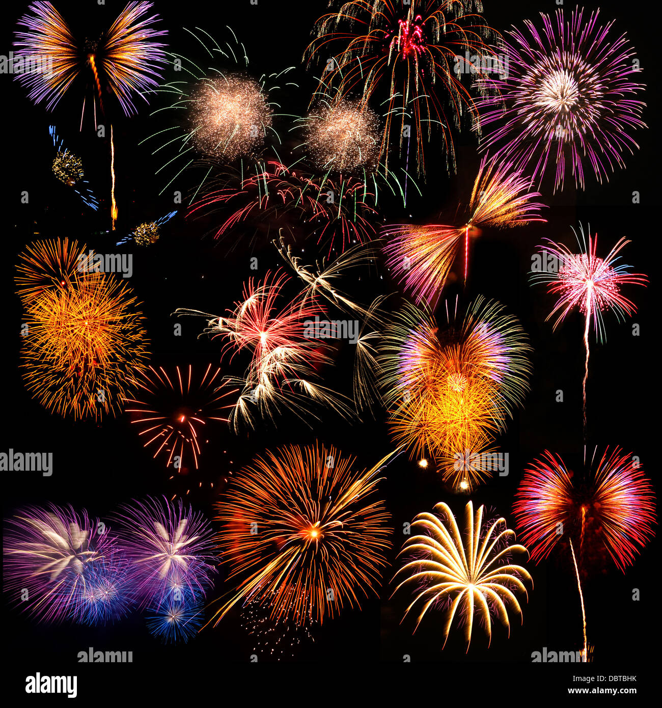 Fireworks in different shapes on a black background Stock Photo