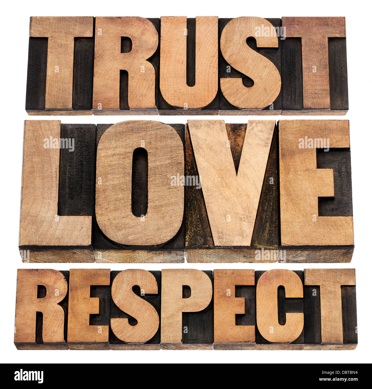 trust, love and respect word abstract - isolated text in vintage letterpress wood type Stock Photo