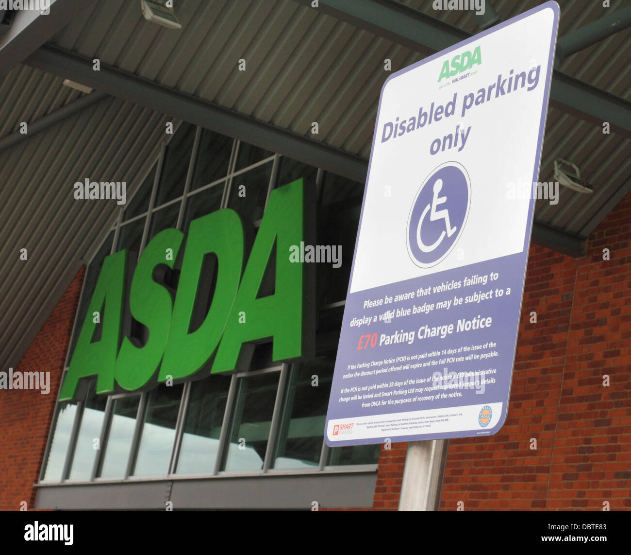 Biggleswade, UK. 4th August, 2013. General Views of Disabled parking at Asda Supermarket, Biggleswade, Bedfordshire where a 64 yo man was severely injured yesterday (August 3rd) after an altercation with another customer over a disabled parking space.  He subsequently died in Addenbrookes Hospital, Cambridge this afternoon (Augiust 4th) and Police have arrested a 65 yo man who lives locally. Poloce are treating the man's death as manslaughter. Asda, Biggleswade, UK - Photos taken August 4th 2013  Credit:  KEITH MAYHEW/Alamy Live News Stock Photo
