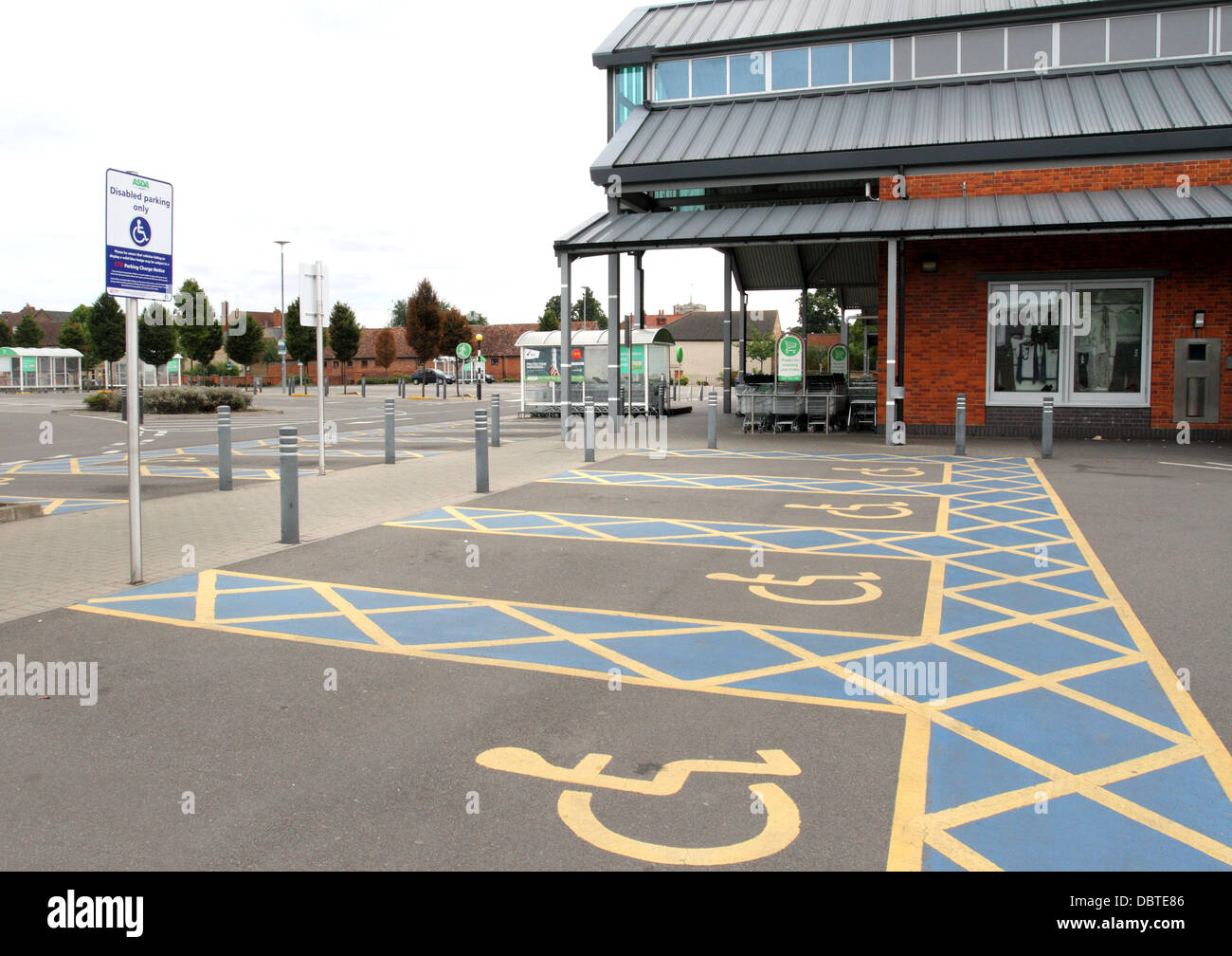 Biggleswade, UK. 4th August, 2013. General Views of Disabled parking at Asda Supermarket, Biggleswade, Bedfordshire where a 64 yo man was severely injured yesterday (August 3rd) after an altercation with another customer over a disabled parking space.  He subsequently died in Addenbrookes Hospital, Cambridge this afternoon (Augiust 4th) and Police have arrested a 65 yo man who lives locally. Poloce are treating the man's death as manslaughter. Asda, Biggleswade, UK - Photos taken August 4th 2013  Credit:  KEITH MAYHEW/Alamy Live News Stock Photo