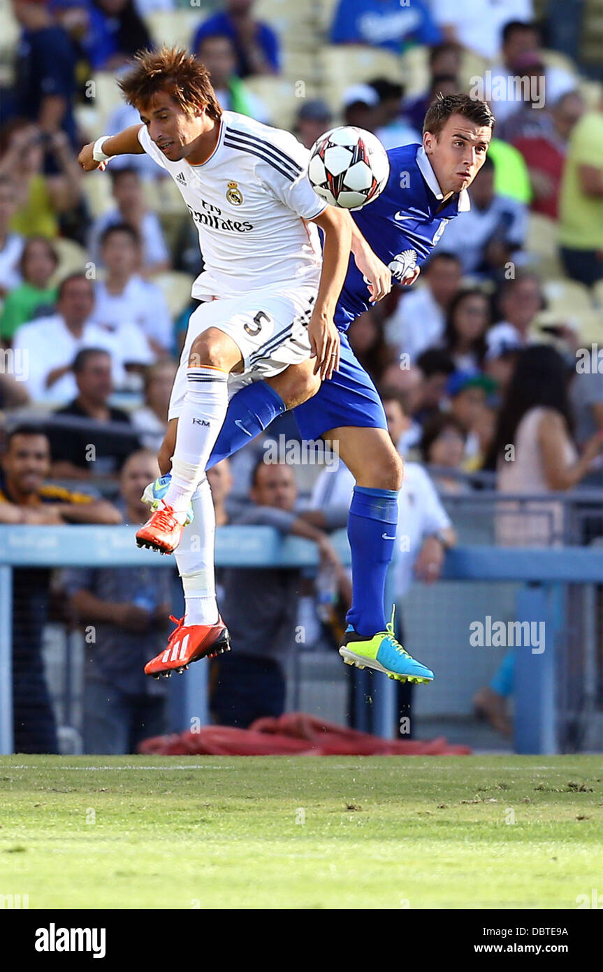 Los Angeles, California, USA. 3rd Aug, 2013. August 3, 2013 Los Angeles, California: Real Madrid defender Fabio Coentrao (5) blocks as Everton moves the ball in action during Match 5 of the Guinness International Champions Cup Soccer game between Everton and Real Madrid at Dodger Stadium on August 3, 2013 in Los Angeles, California. Rob Carmell/CSM/Alamy Live News Stock Photo