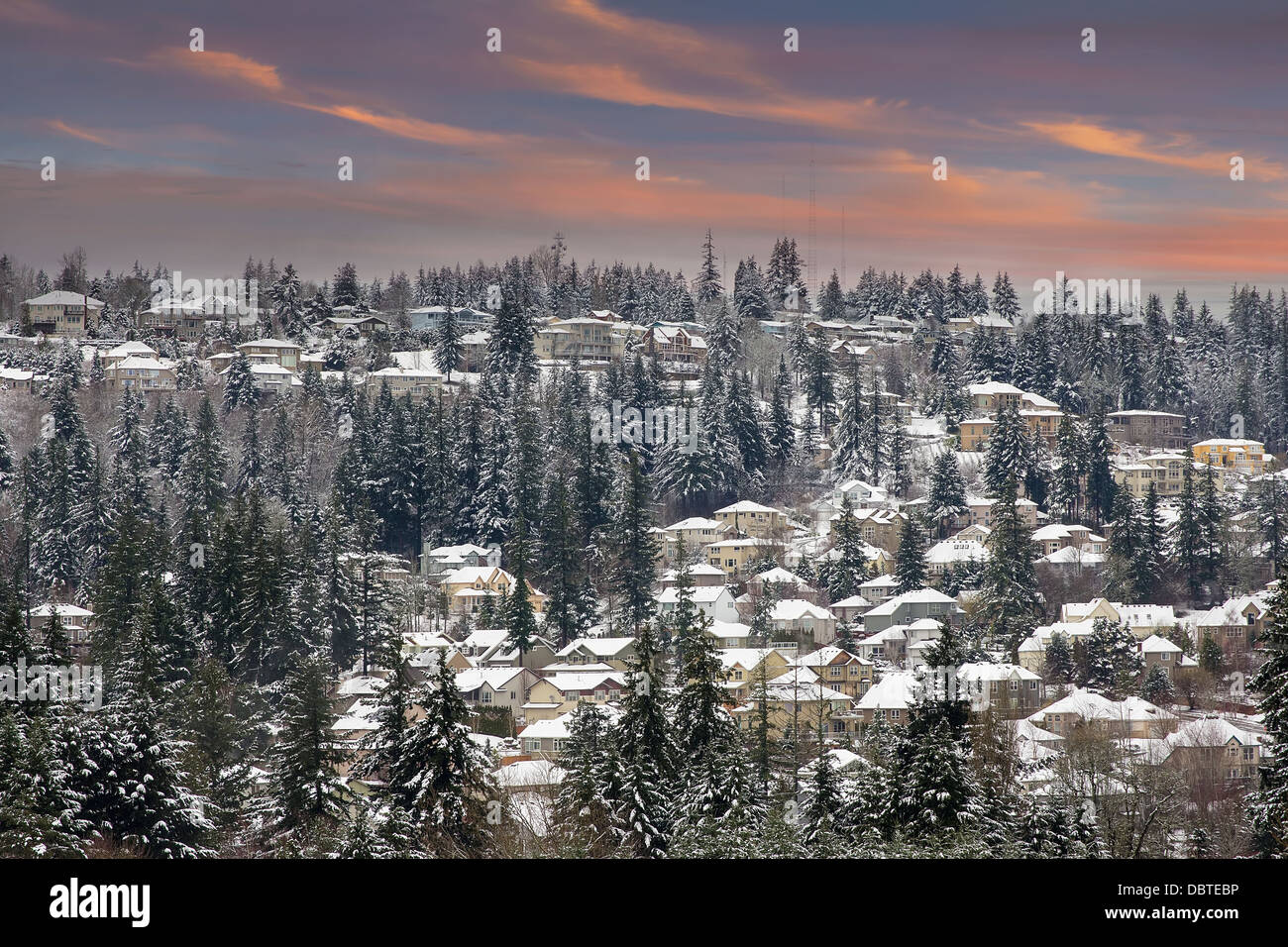 Winter Snow Scene in North America Suburbs Neighborhood Nestled Amongst Trees at Sunset Stock Photo