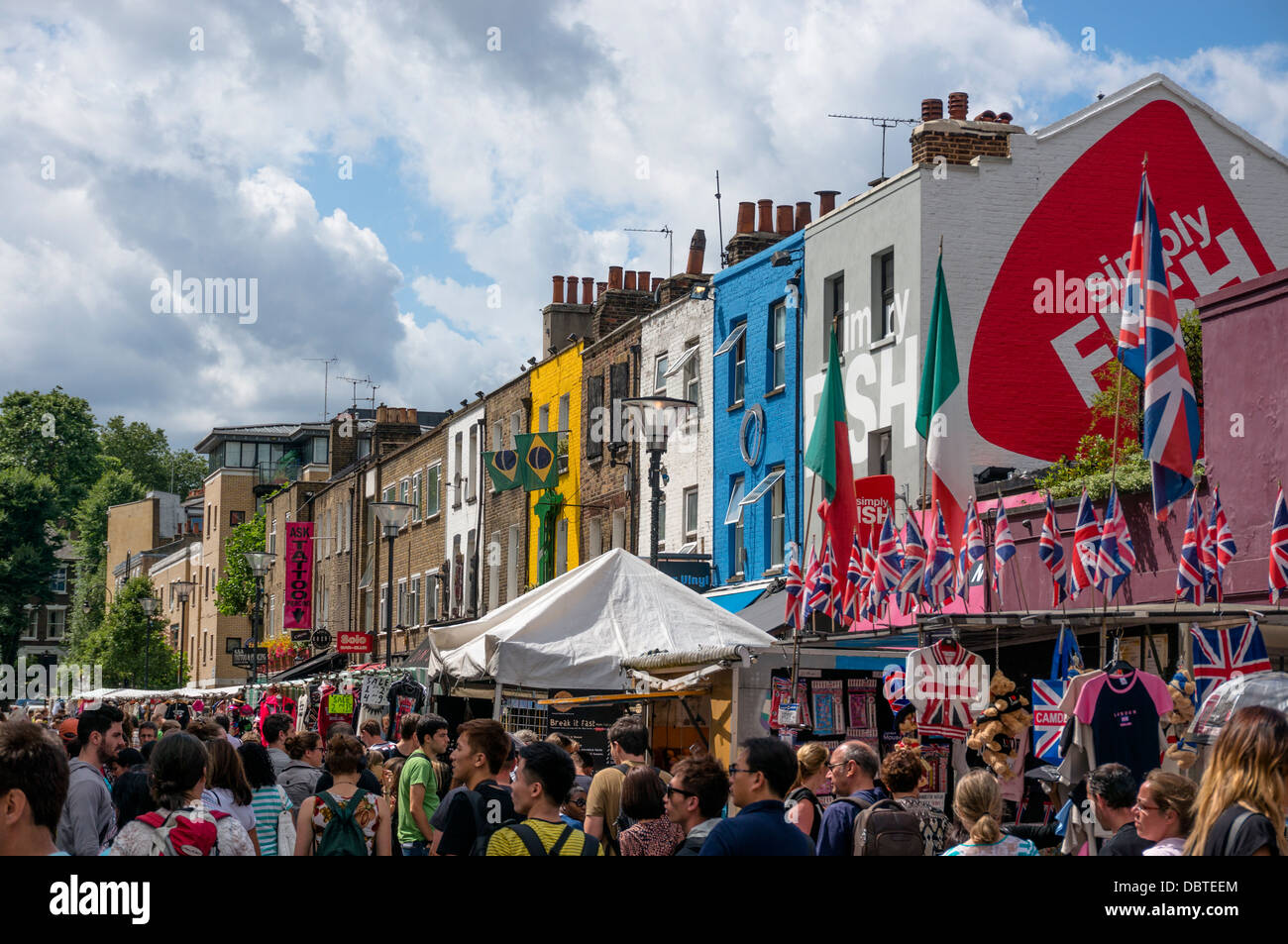 Inverness Street market, with its colourful buildings and crowded with people, near Camden Market, London, England, UK. Stock Photo