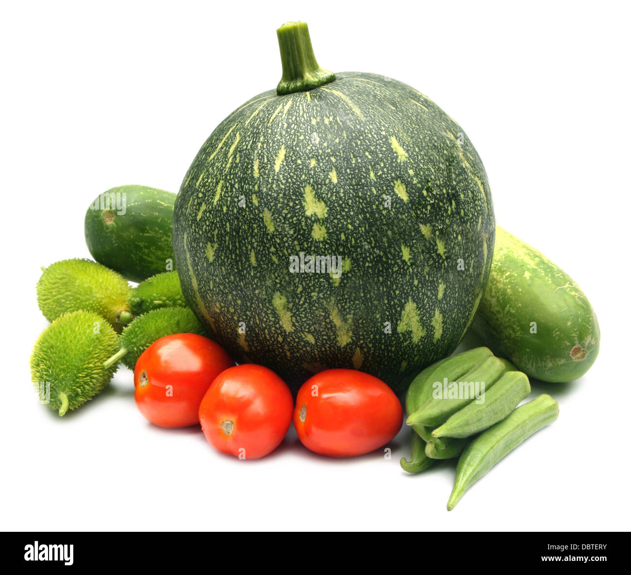 Fresh vegetables – green pumpkin, tomato and okras, kakrol and cucumber Stock Photo