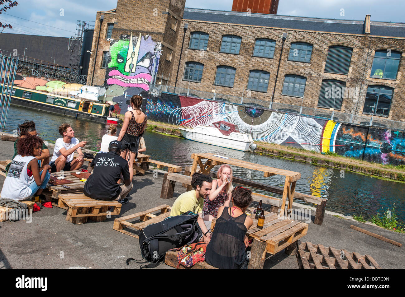 beer canal drink drinking outing pub river Hackney Stock Photo