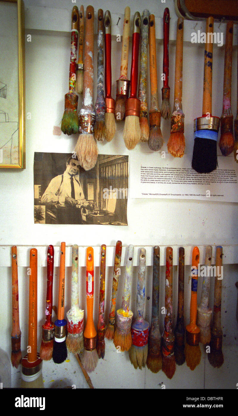 Brushes hanging in the studio of Sir Terry Frost in Cornwall, UK. Stock Photo
