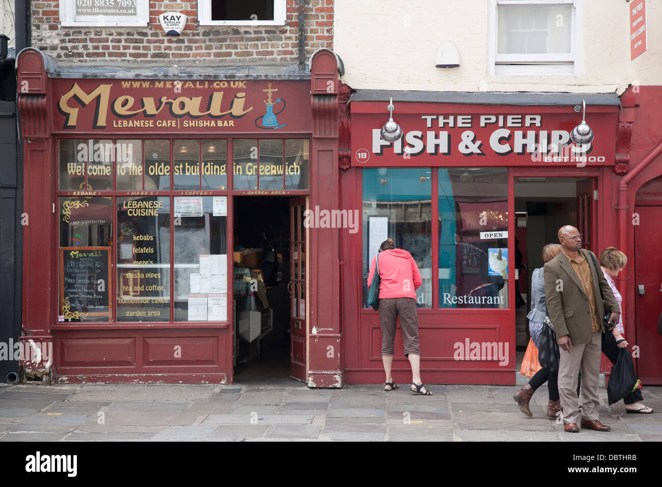 Mevali Lebanese Cafe and the Pier Fish and Chip Shop, Greenwich; London; England; UK; Stock Photo