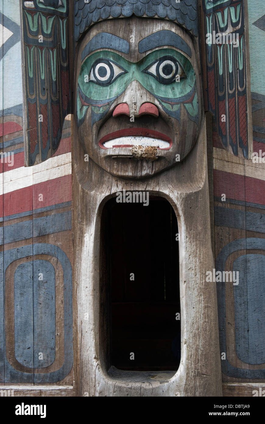 Entrance to a Longhouse, Totem Bight State Park, Ketchikan,Alaska Stock