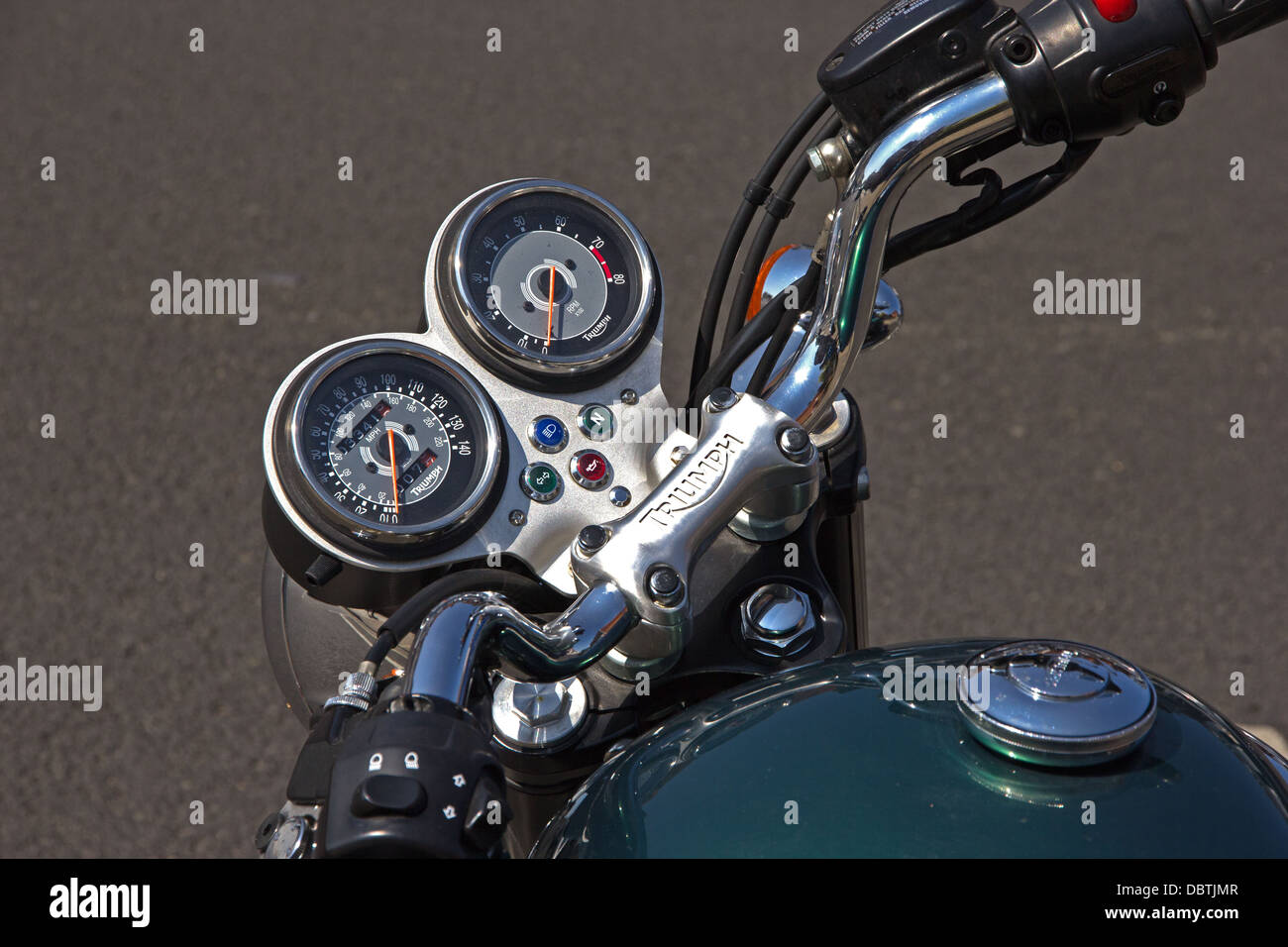 Handle bars and 'dashboard' of retro Triumph motorcycle Stock Photo