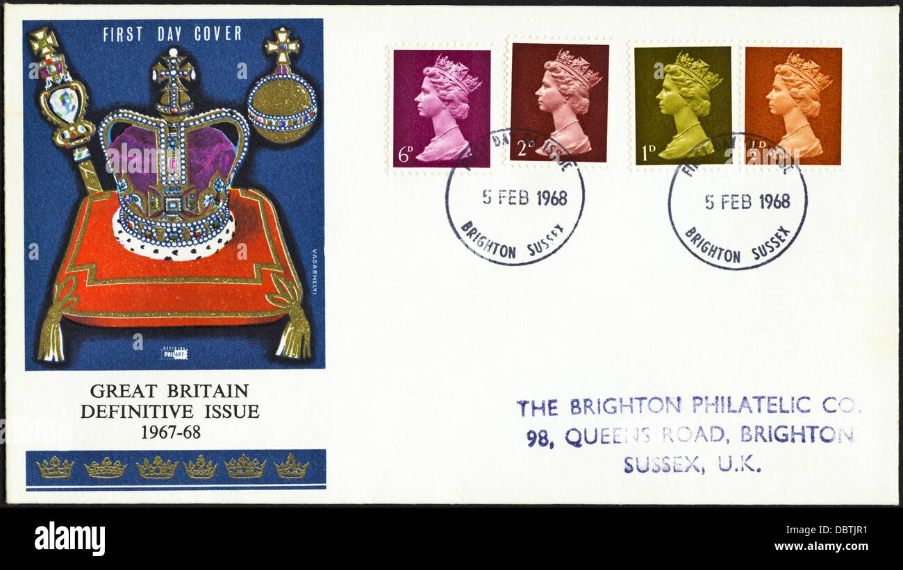 Post Office First Day Cover of 1967-68 definitive issue 6d, 2d, 1d & ½d stamps postmarked 5th February 1968 Brighton Sussex England UK Stock Photo