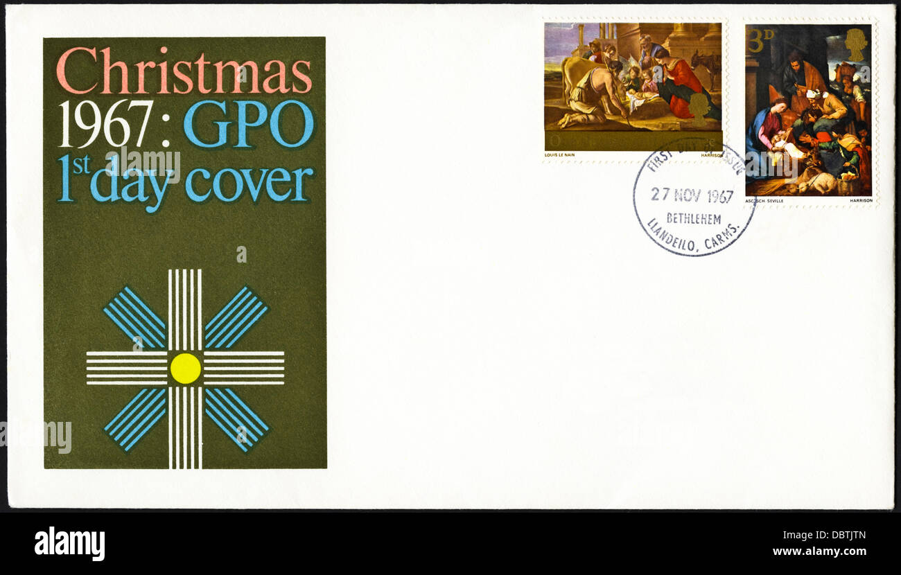 GPO First Day Cover of 1967 Christmas stamps postmarked Bethlehem Llandeilo Carmarthenshire Wales UK Stock Photo