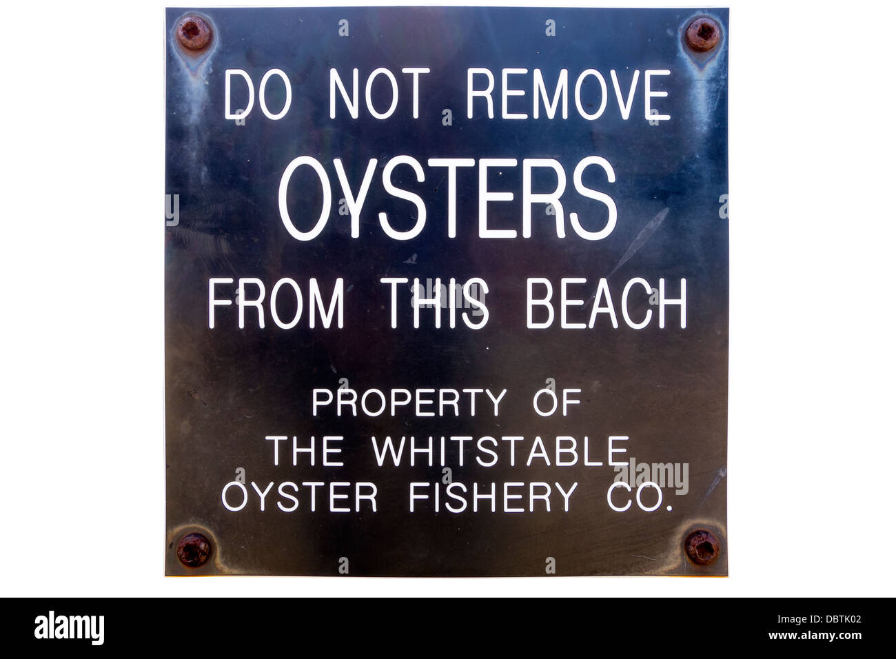 Whitstable Oysters Fishery Warning Sign Whitstable Beach Kent (Cut Out) Stock Photo