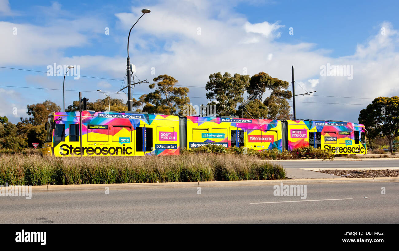 Adelaide tram road traffic lights public transport electric tracks North Terrace Stock Photo