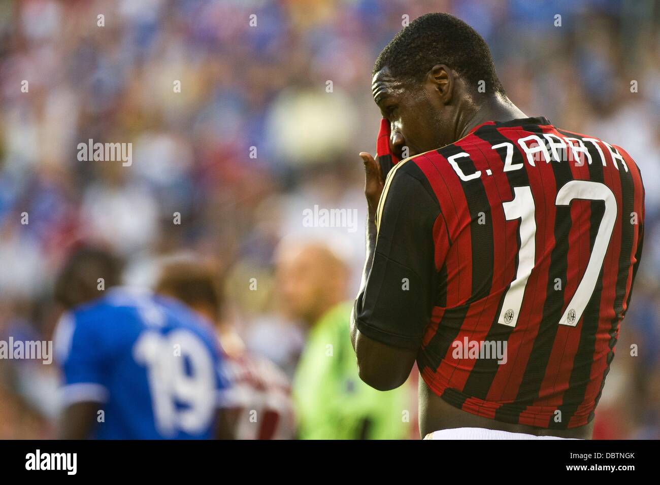 East Rutherford, New Jersey, USA 4th Aug, 2013: Milan defender Cristian Zapata (17) wipes the sweat from his forehead during the Guinness International Champions Cup match between A.C. Milan and Chelsea at Met Life Stadium, East Rutherford, NJ. Credit:  Cal Sport Media/Alamy Live News Stock Photo