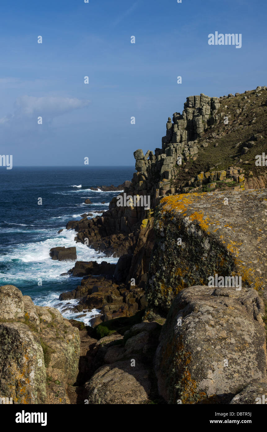 A seaside scene of rocky coast near Land's End. Interesting stone formations. Stock Photo