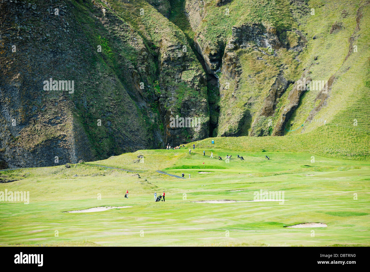 Golf course in a volcanic crater, Heimaey Island, Vestmannaeyjar
