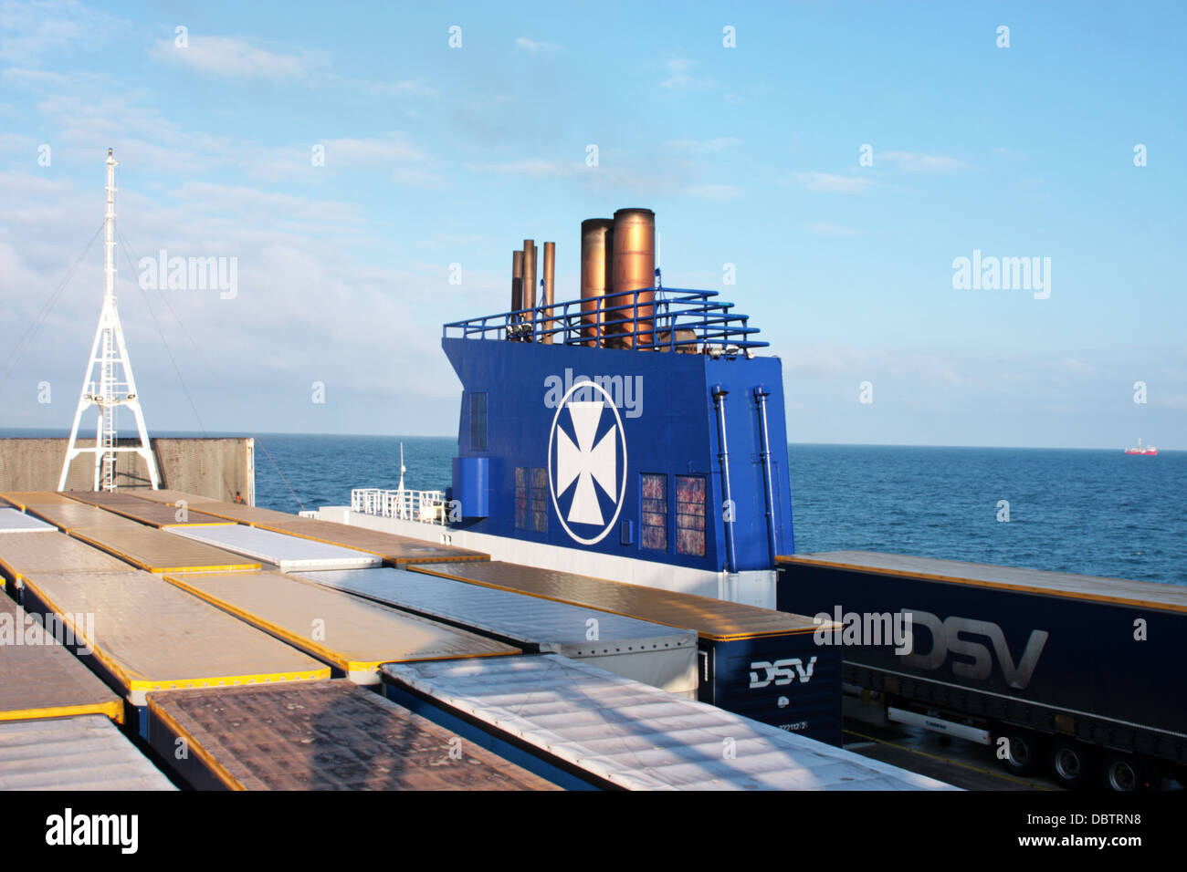 Funnel of the DFDS ferry Sirena crossing the North Sea Harwich Esbjerg Stock Photo