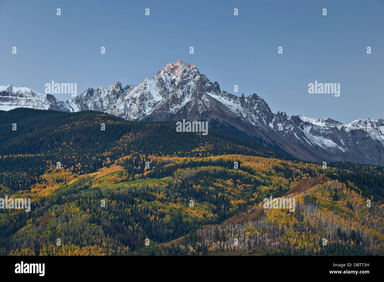 Mount Sneffels at first light with a dusting of snow in the fall, Uncompahgre National Forest, Colorado, USA Stock Photo