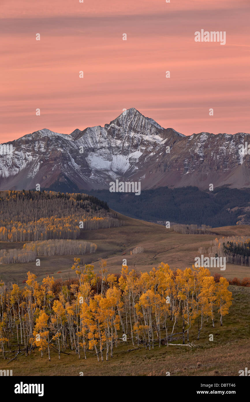 Wilson Peak at dawn with a dusting of snow in the fall, Uncompahgre National Forest, Colorado, United States of America Stock Photo