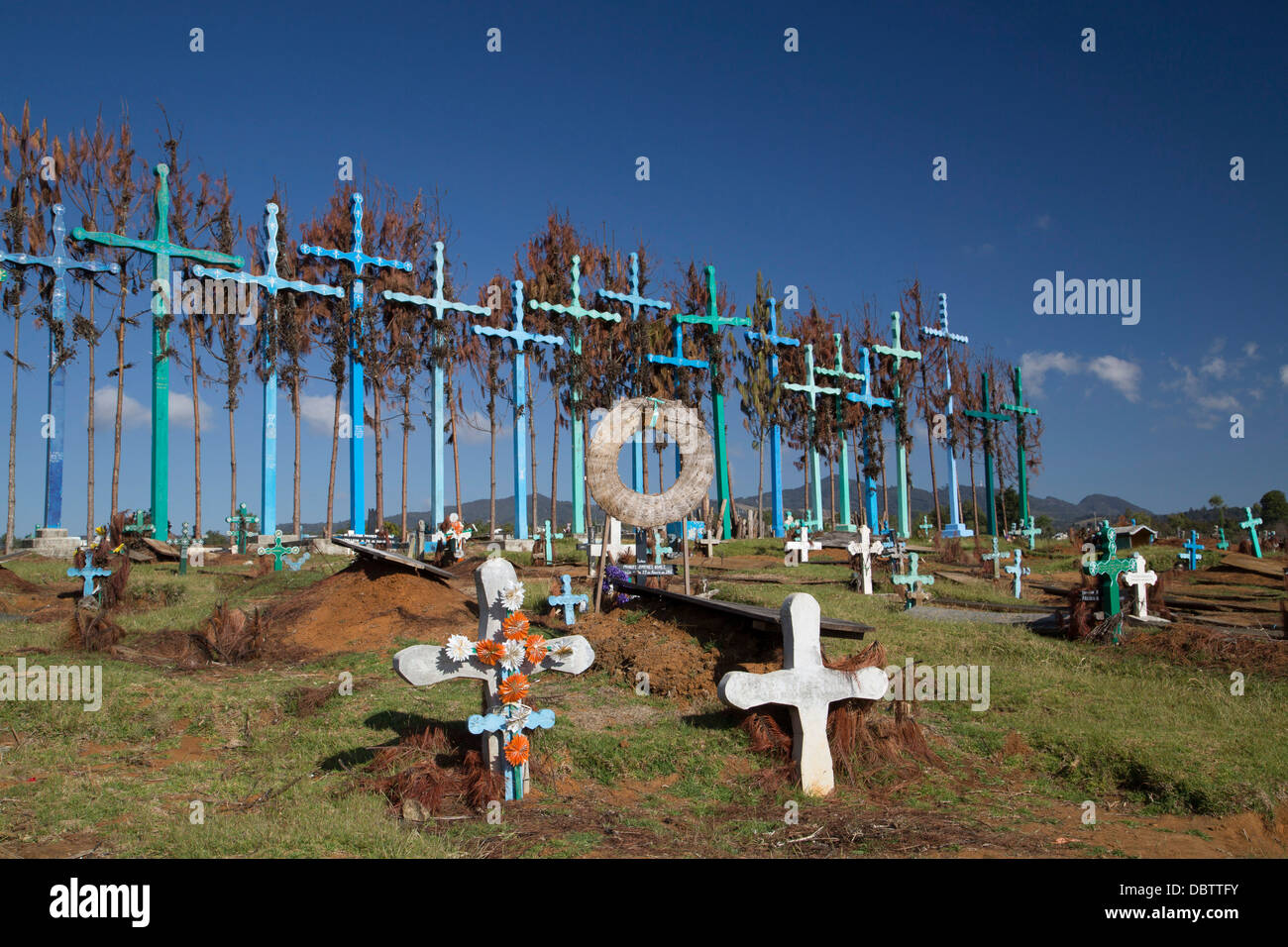 Graveyard, boards represent doors to and from the grave, village of El Romerillo, Chiapas, Mexico Stock Photo