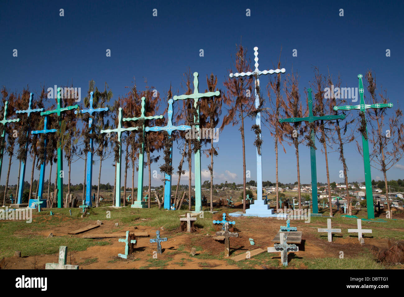 Graveyard, boards represent doors to and from the grave, village of El Romerillo, Chiapas, Mexico Stock Photo
