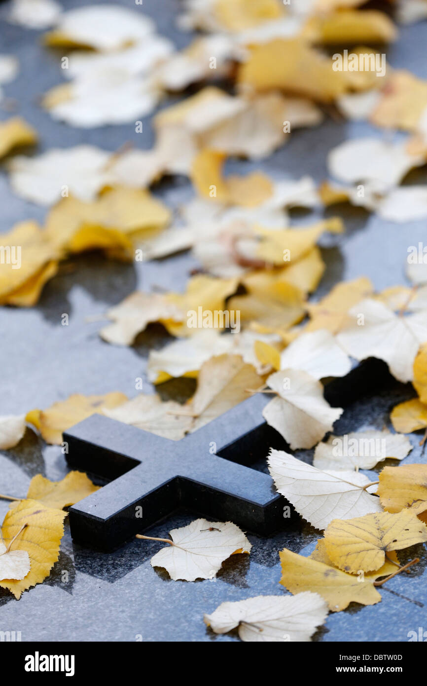 Cross on tombstone under dead leaves, France, Europe Stock Photo