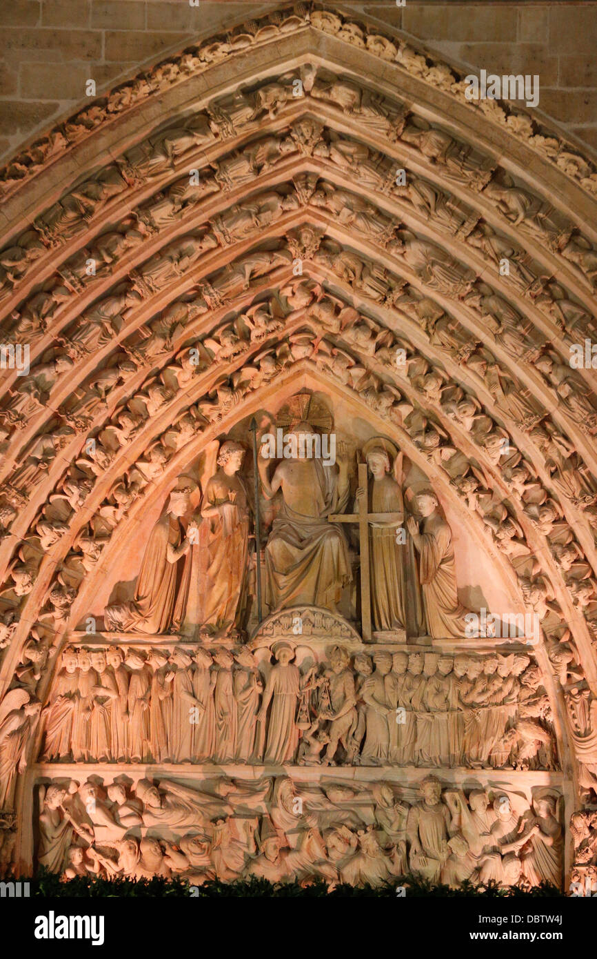Tympanum of the Last Judgement. Notre-Dame de Paris cathedral, Paris, France, Europe Stock Photo