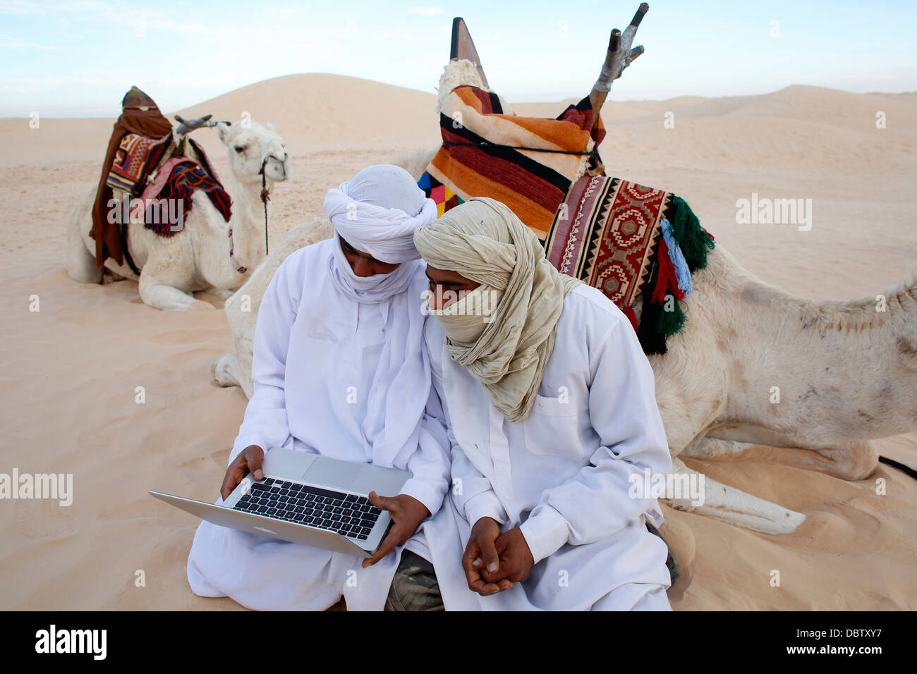 Bedouins using a laptop in the Sahara, Douz, Kebili, Tunisia, North Africa, Africa Stock Photo