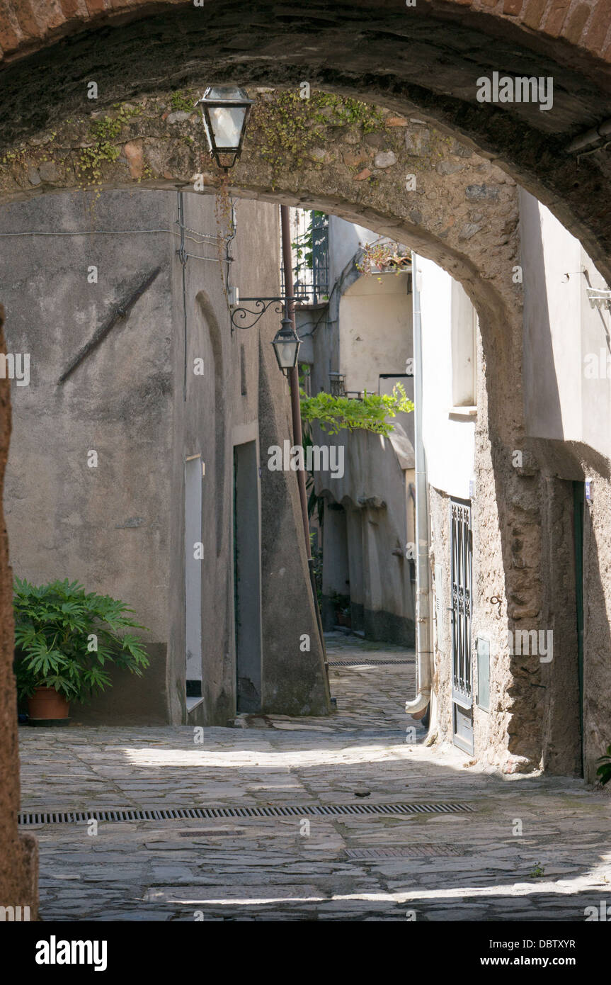 Winding covered alleys within the medieval town of Zuccarello, Liguria