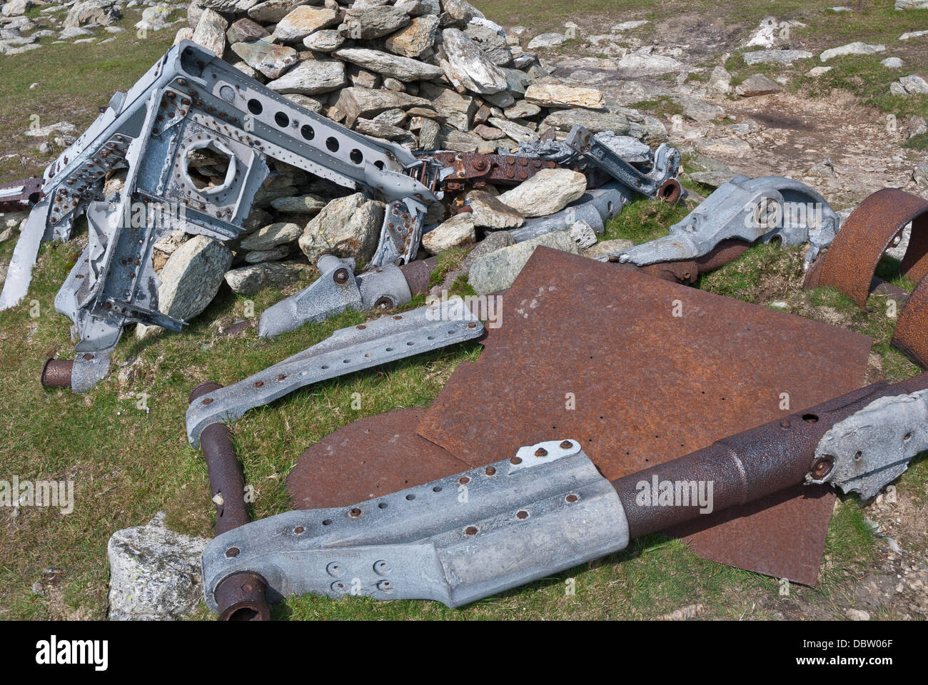 Wreckage from crashed Halifax Bomber on Great Carrs, Lake District, Cumbria Stock Photo