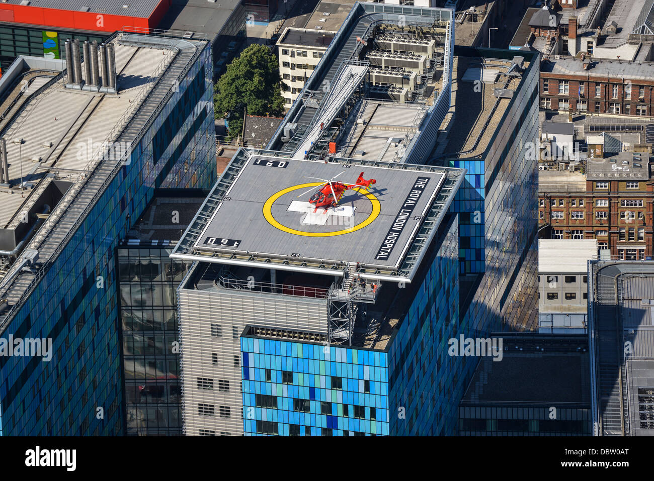 Aerial photograph of Air Ambulance at the Royal London Hospital Stock Photo