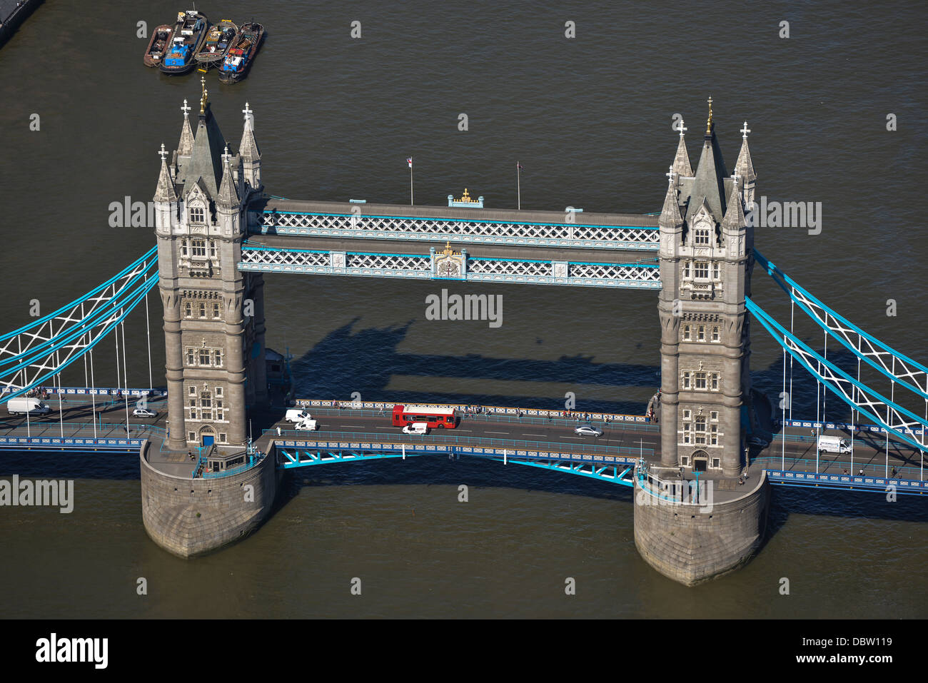 An aerial photograph of Tower Bridge, an iconic structure in London Stock Photo