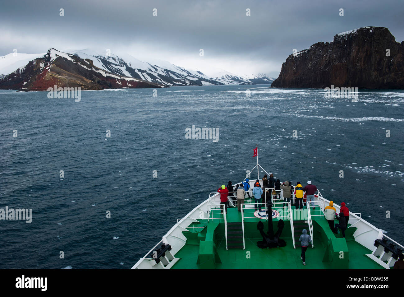 Cruise ship approaching Deception Island, South Shetland Islands, Antarctica, Polar Regions Stock Photo