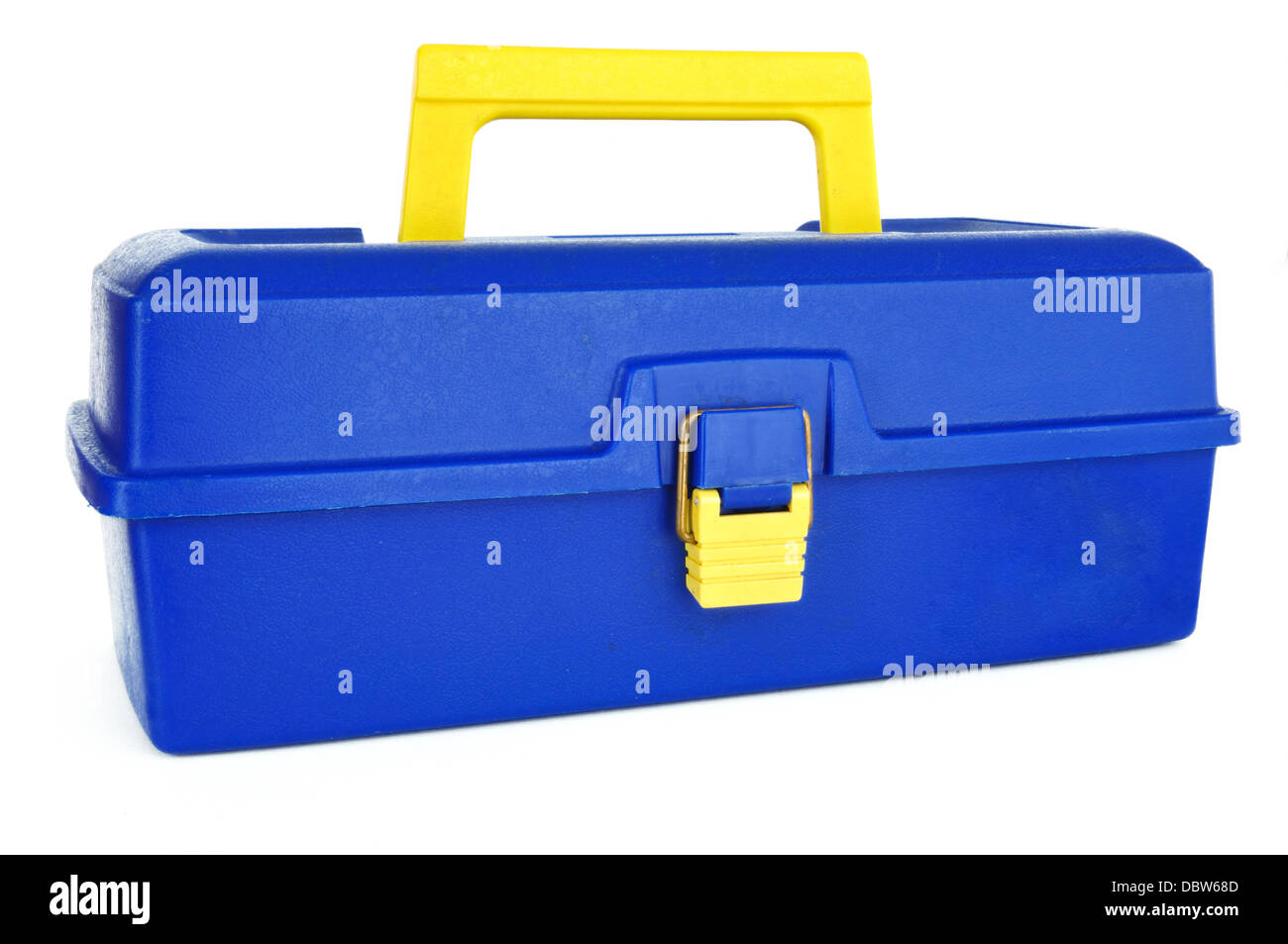 Blue fishing tackle box / toolbox on white background Stock Photo