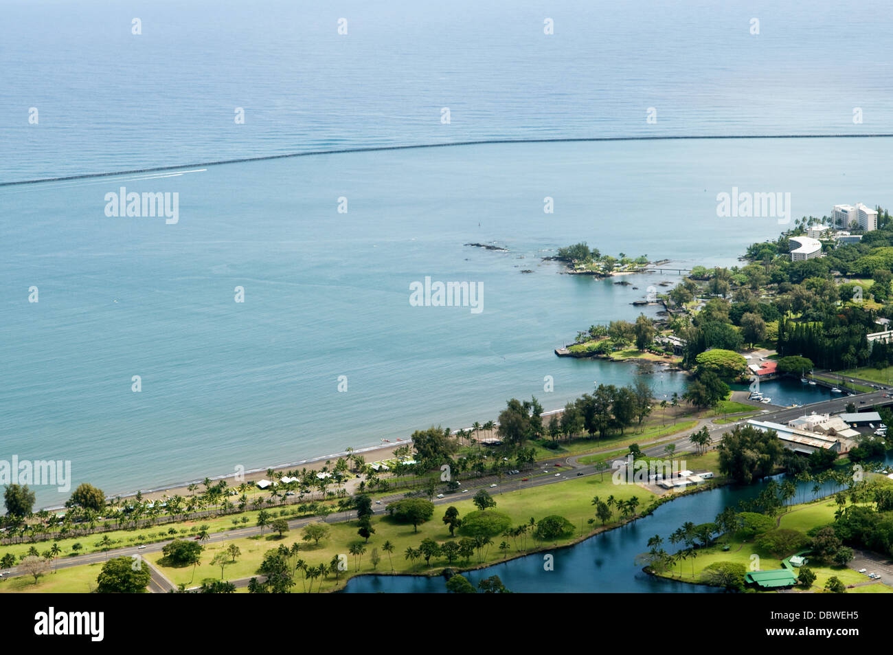 Aerial image of Hilo, Hawaii, including Coconut Island. Big Island of