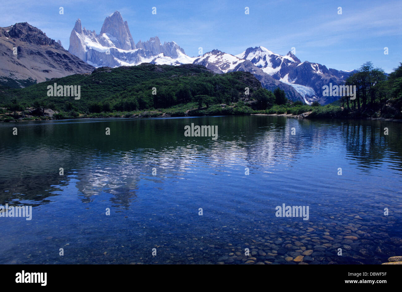 Laguna de los Patos and Fitz Roy peak (3440 m)  Los Andes mountain range. Los Glaciares National Park. Patagonia. Argentina. Stock Photo