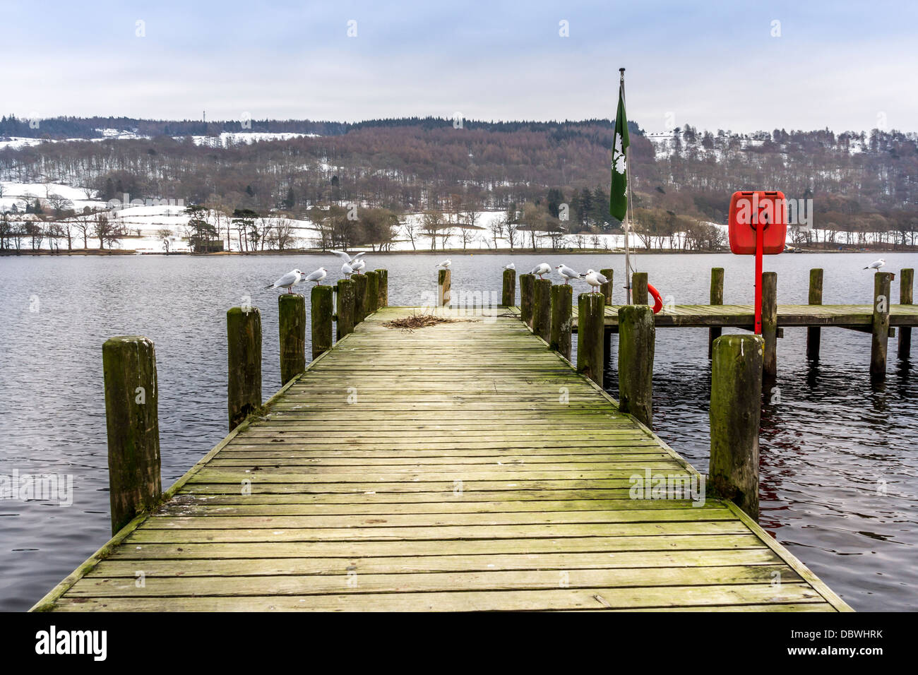 Coniston Water, Pier Jetty at Coniston Water in Cumbria,  Coniston is the third largest lake in the Lake district, it is 5 miles Stock Photo