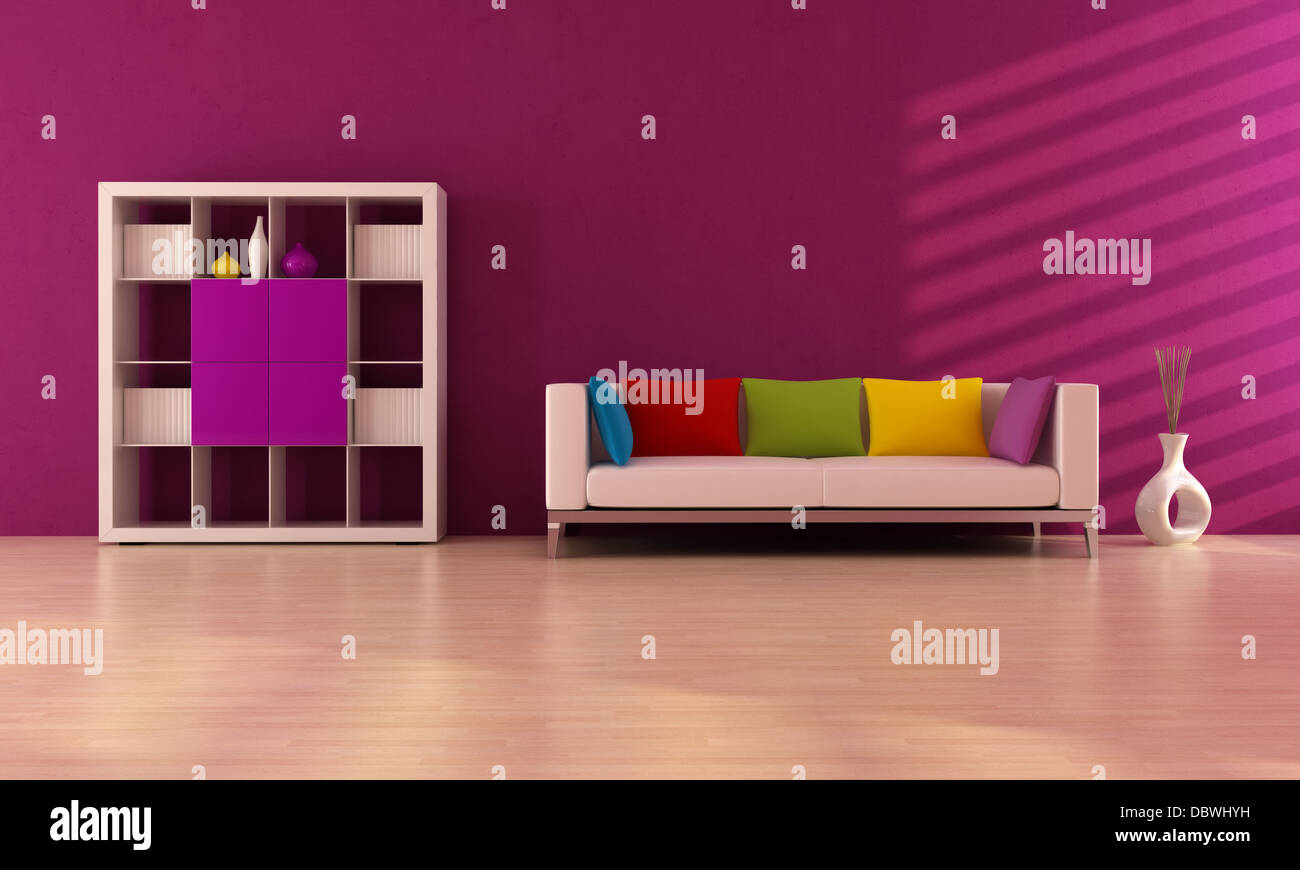 purple modern interior with colorful sofa and bookcase - rendering ...