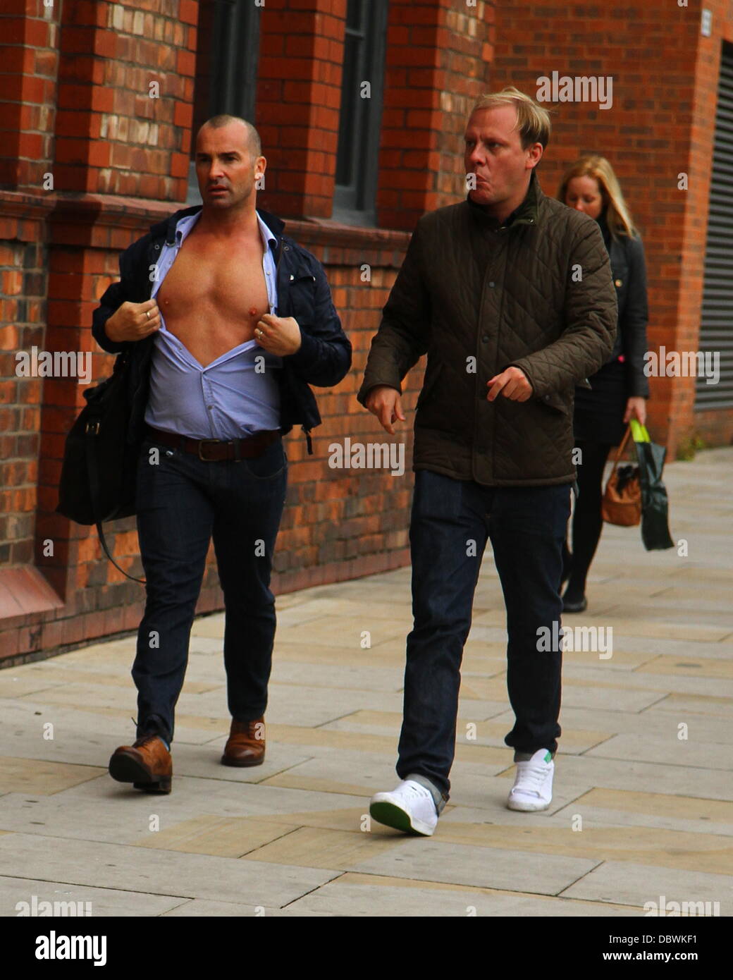 Louie Spence and Antony Cotton arriving on the set of Coronation Street ...