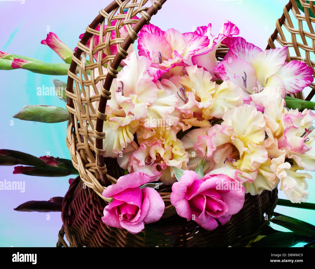 bouquet of gladioli and roses are in a wicker basket Stock Photo