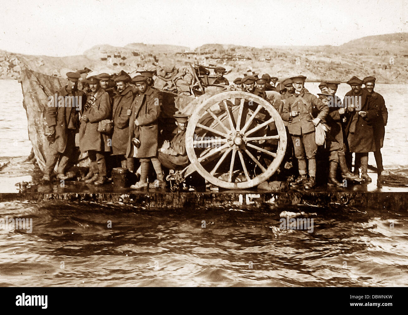 Moving Artillery Guns by Raft during WW1 Stock Photo