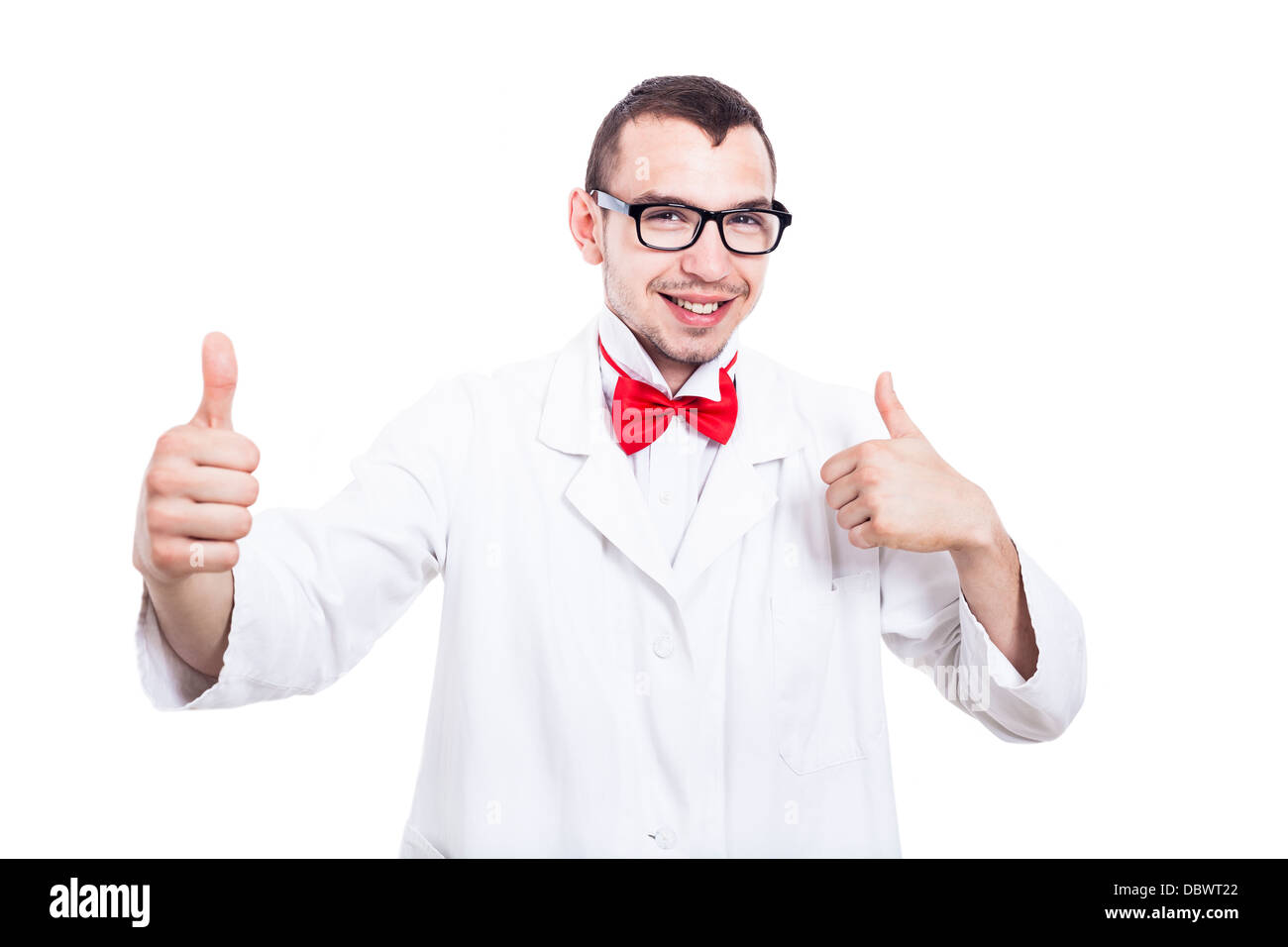 Young happy scientist in lab coat showing thumbs up, isolated on white background Stock Photo