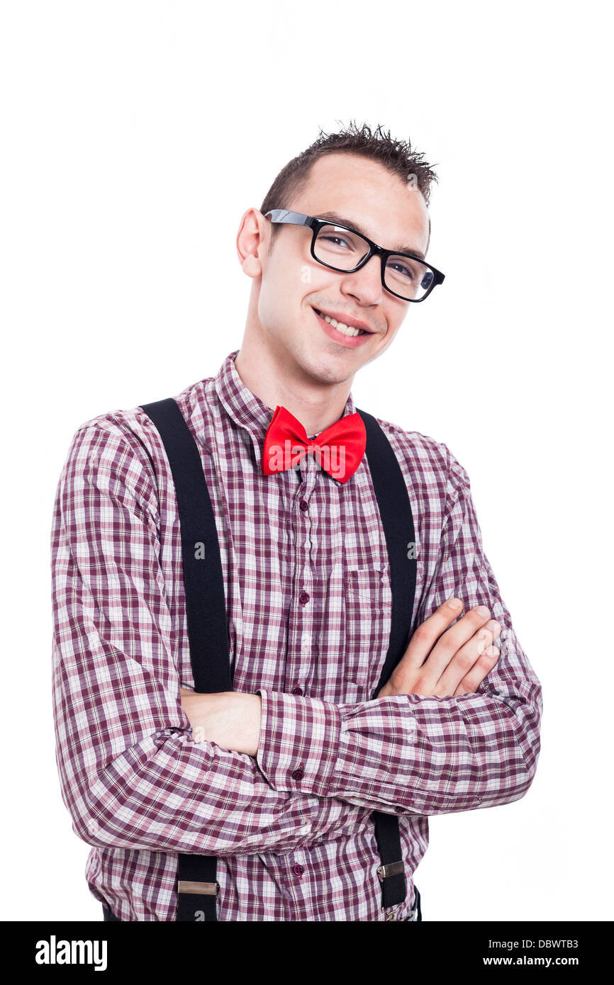 Portrait of happy nerd man, isolated on white background. Stock Photo