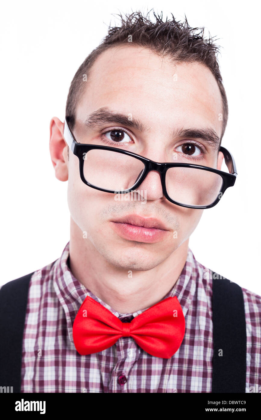 Closeup of serious geek man face, isolated on white background. Stock Photo