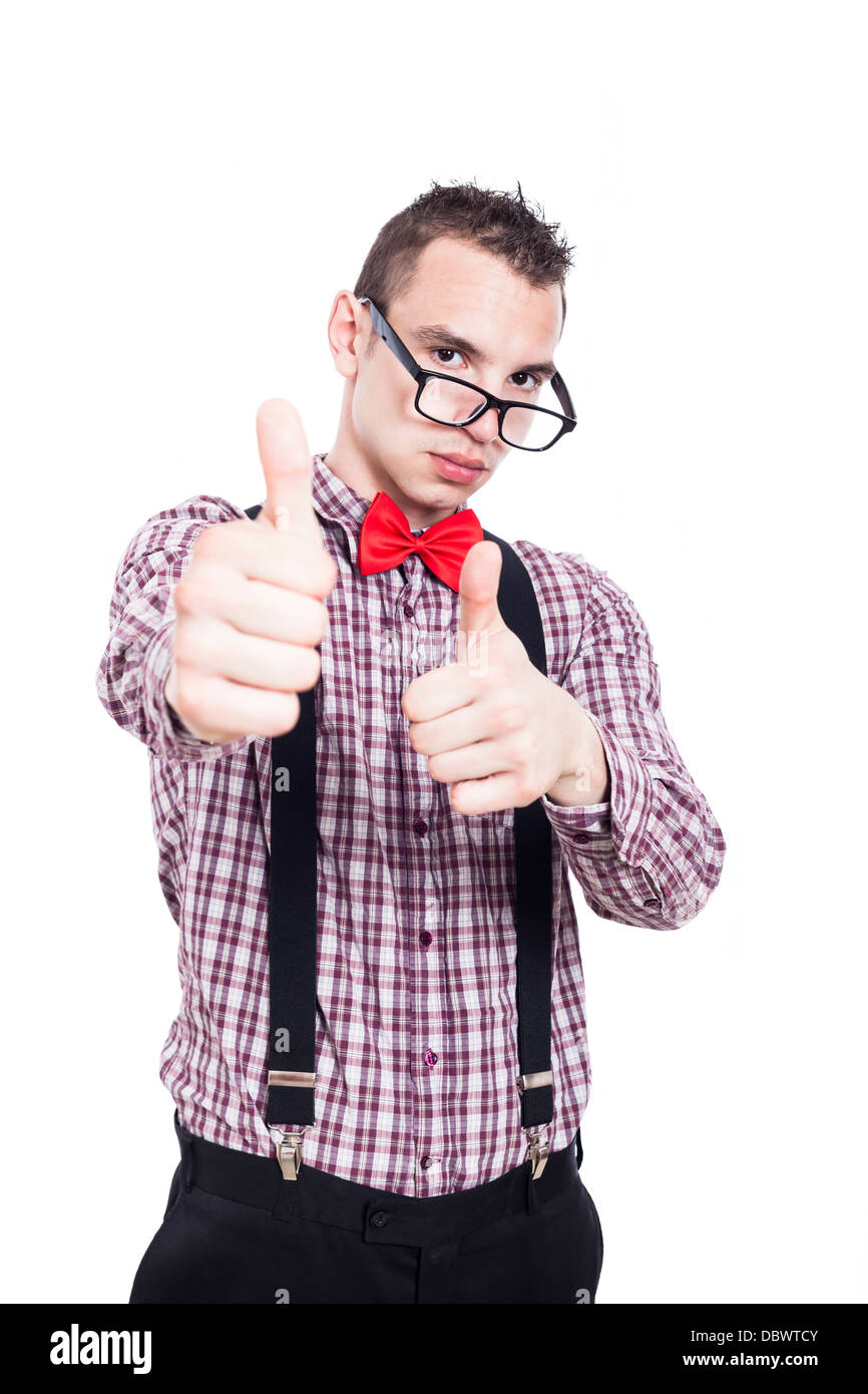 Successful nerd man showing thumbs up, isolated on white background. Stock Photo