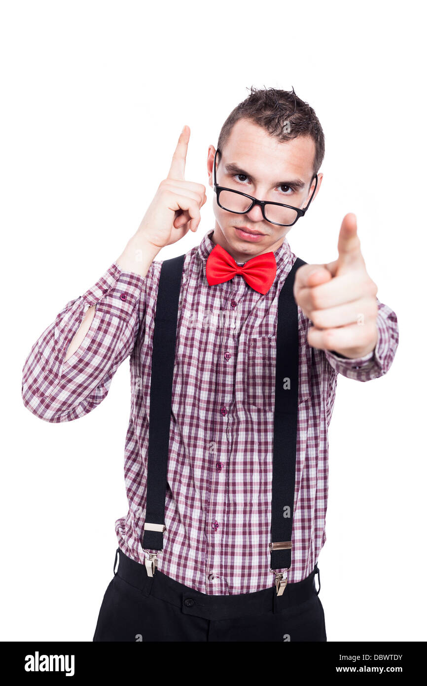 Serious geek man pointing at you, isolated on white background. Stock Photo