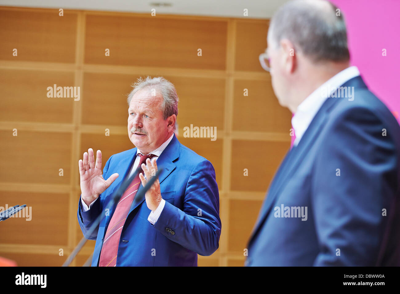 Berlin, Germany. 5th August, 2013. Press statement by Peer Steinbrück and the Verdi-chairman Frank Bsirske about care system at the headquarters of the SPD Party (Willy-Brandt-Haus) in Berlin. Credit:  Reynaldo Chaib Paganelli/Alamy Live News Stock Photo