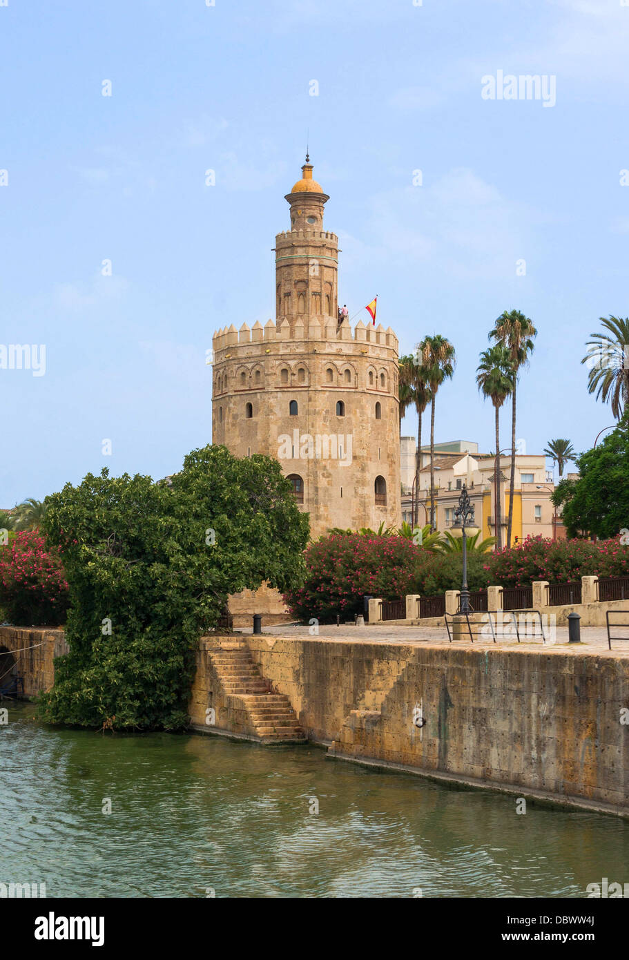 The Tower of Gold (Torre del Oro) as seen from a boat on the Guadalquivir river, Seville, Spain. Stock Photo