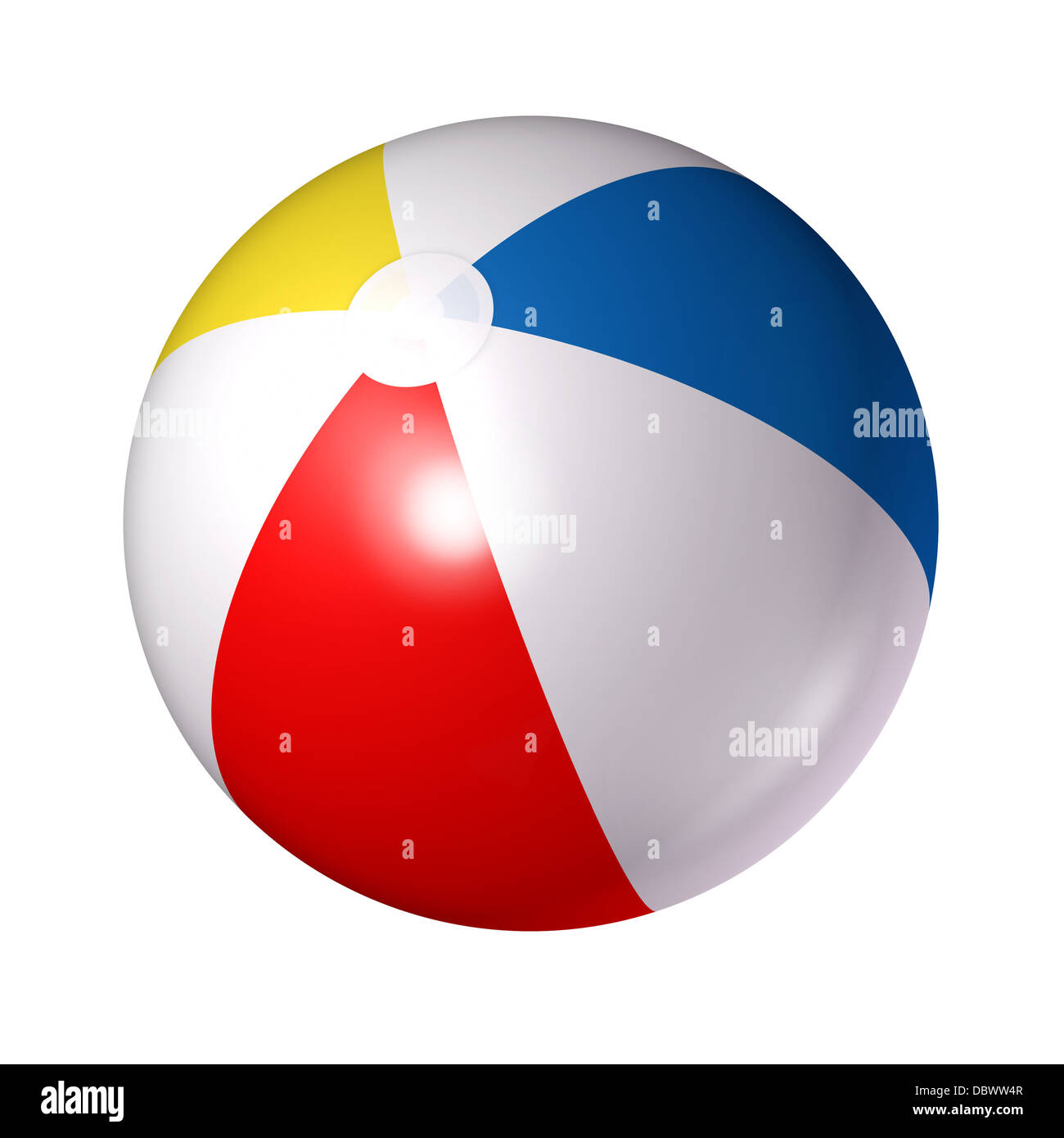 Beach ball isolated on a white background as a classic symbol of summer fun  at the pool or ocean with an inflated plastic sphere of red blue white and  yellow stripes Stock